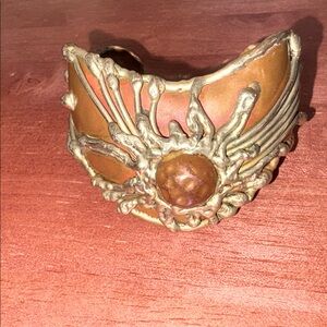 Vintage Brutalist Celestial Sun Fire Starburst Cuff Bracelet Silver Copper Brass